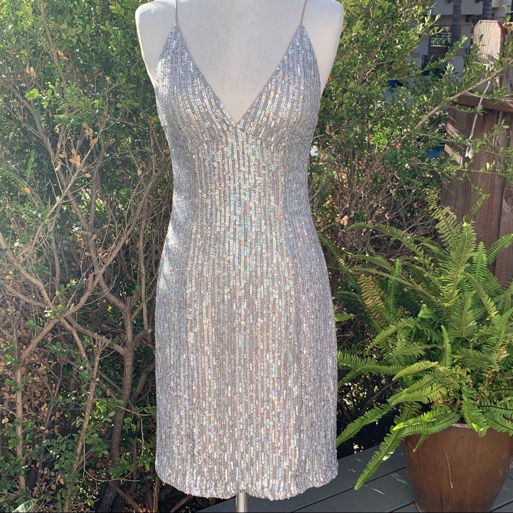 Scala Sequenced Silver Spaghetti Strap Evening Dr… - image 1